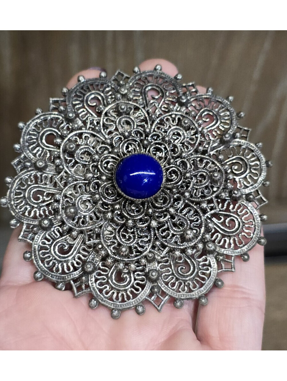 Filigree Cannetille Early Vintage Large Brooch Cobalt Glass Cabochon Pewter